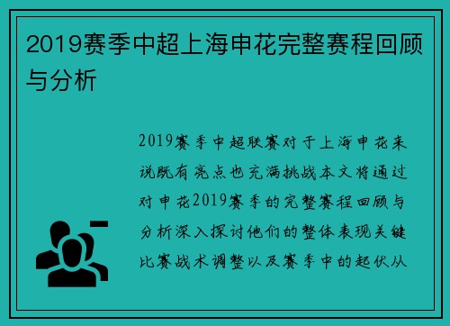 2019赛季中超上海申花完整赛程回顾与分析