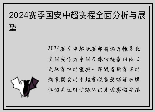 2024赛季国安中超赛程全面分析与展望