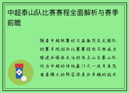 中超泰山队比赛赛程全面解析与赛季前瞻